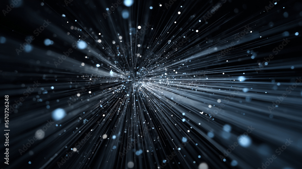 Poster a digital rendering of light streaks and bokeh effect on a dark blue and black background design