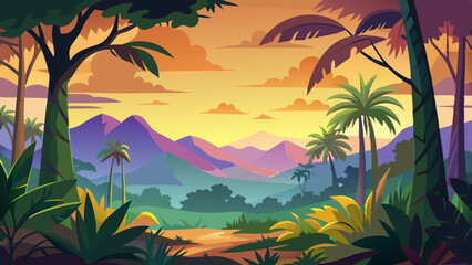 rainforest or tropical forest at sunset time scene