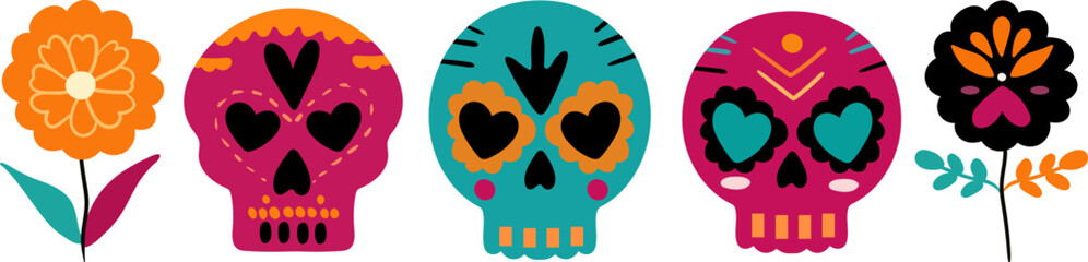 colorful dia de los muertos vector set with sugar skulls flowers for day of the dead festival web design decor