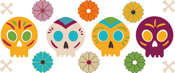 mexican dia de los muertos vector set colorful sugar skulls flowers bones isolated background day of the dead celebration