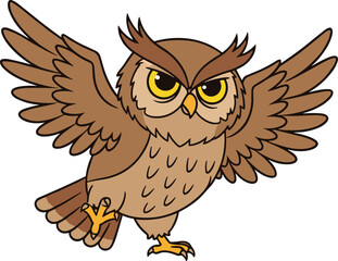 Cartoon owl vector illustration with wings spread, fierce and wise owl design perfect for logos, stickers, kids books, and posters