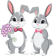 Cartoon rabbits illustration, cute bunny couple with bow ties and flowers, adorable animal character design, romantic spring vector clipart
