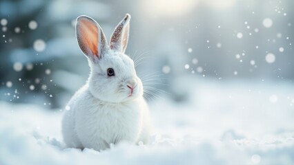 A cute fluffy white rabbit on a snow-covered ground in a winter forest with blurry trees, surrounded by falling snowflakes. Concept of winter serenity and wild nature