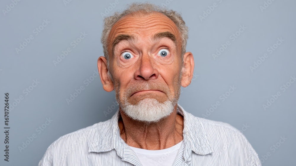 Poster an older man with a beard and glasses is staring at the camera with a surprised expression. he is we