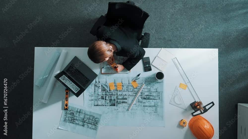 Aufkleber top down view civil engineer writing sticky note and looking at laptop. aerial view architect sittin