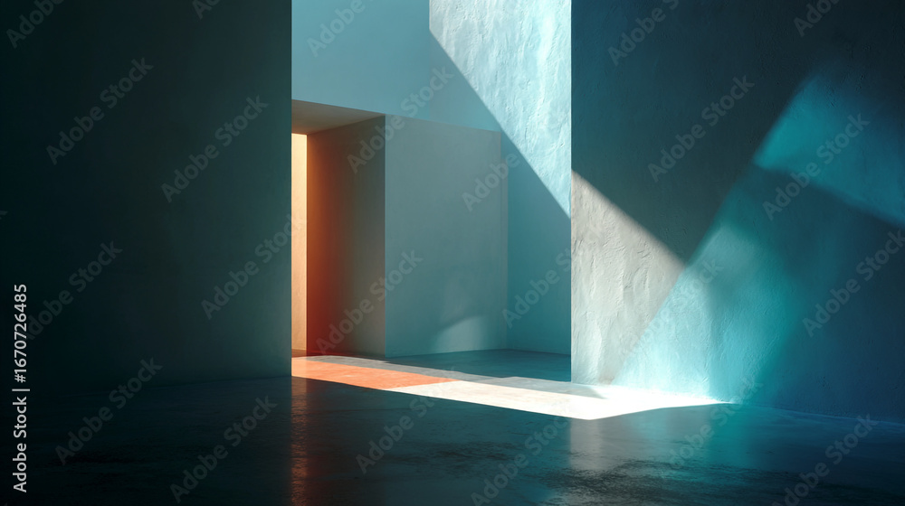 Poster a minimalistic interior with light and shadow play highlighting the architecture and empty doorway s