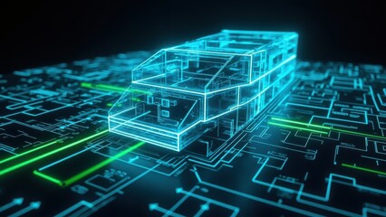 A futuristic digital rendering of a semi-truck in a transparent wireframe with glowing neon lights, on a circuit board background with flowing green energy lines. Concept for logistics, technology