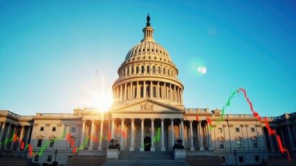 Obraz premium The United States Capitol building stands with a sunny blue sky and a red and green financial stock chart over the image, symbolizing the market. Concept for economy and finance