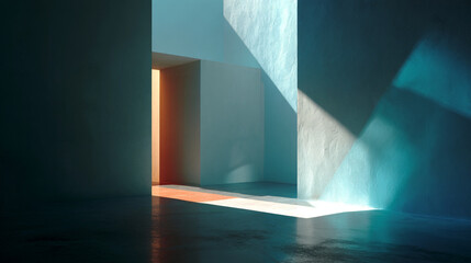 A minimalistic interior with light and shadow play highlighting the architecture and empty doorway space