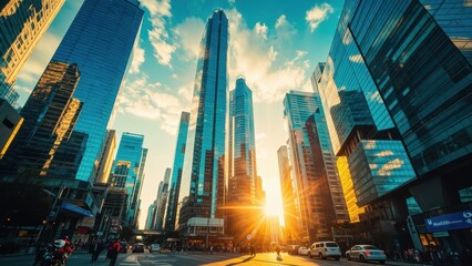 Plakat A low-angle shot of Manhattan skyscrapers with a beautiful blue sky and a dramatic sunset, people and cars are blurred on the street. Concept of urban city life and progress