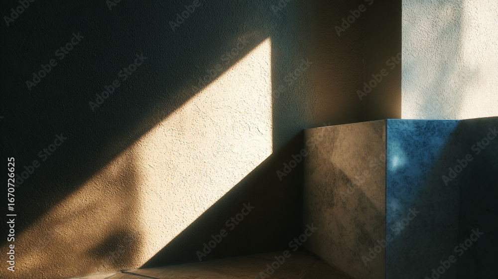 Poster A beam of light cast on a textured wall creating a sharp contrast of light and shadow in a room