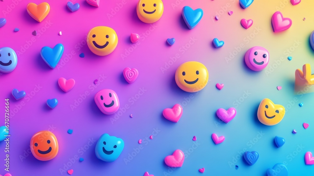 Poster Scattered smiley faces and hearts vibrant abstract background pattern digital art colorful environment playful concept