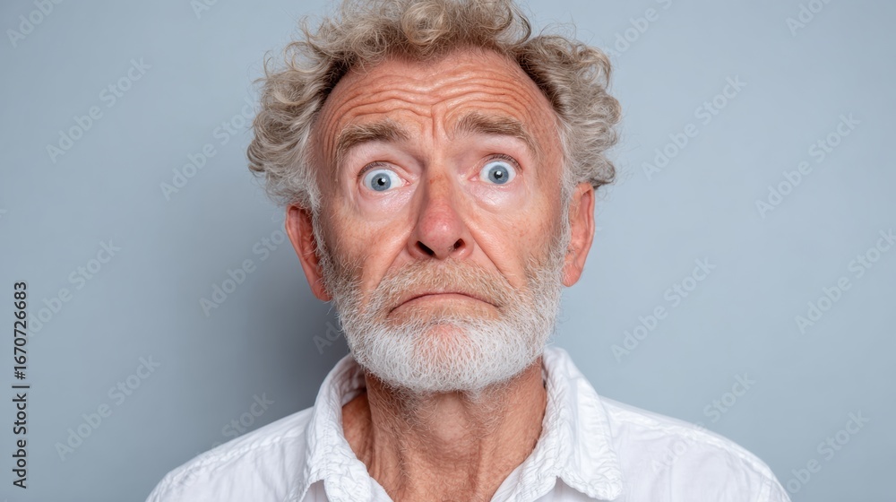 Poster man with a beard and white shirt is staring at the camera with a surprised expression. concept of cu