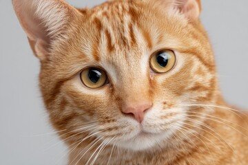 Orange tabby cat with striking yellow eyes gazes directly at the camera, showcasing its soft fur texture and playful demeanor in a neutral background setting