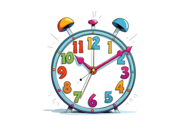 an alarm clock illustration, with a detailed design, the clock design is very colorful, this image is for time, and it is transparent background