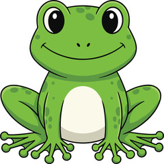 Cute cartoon frog sitting and smiling, adorable green amphibian vector illustration perfect for kids, funny animal designs, stickers, and prints