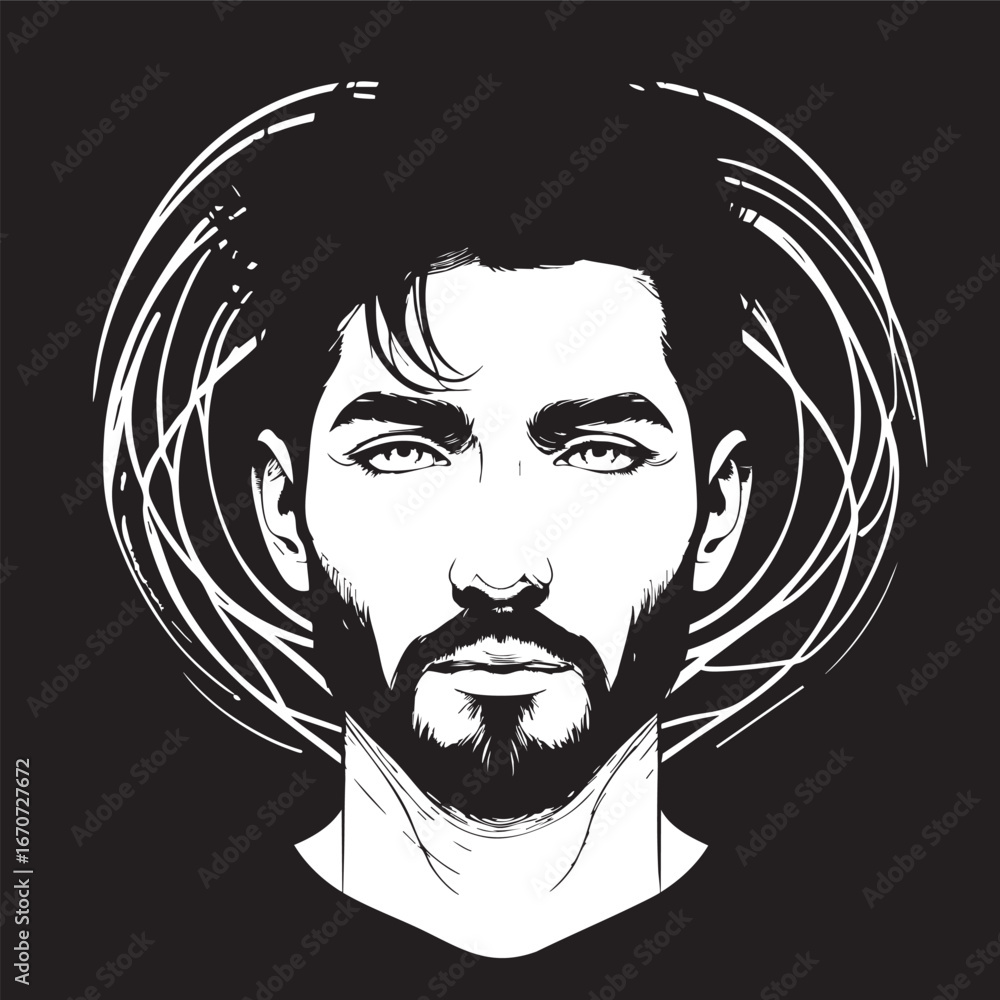 Poster artistic handsome face outline. abstract vector portrait with minimal lines and details.