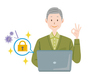 パソコンのセキュリティ対策をする高齢者　高齢男性