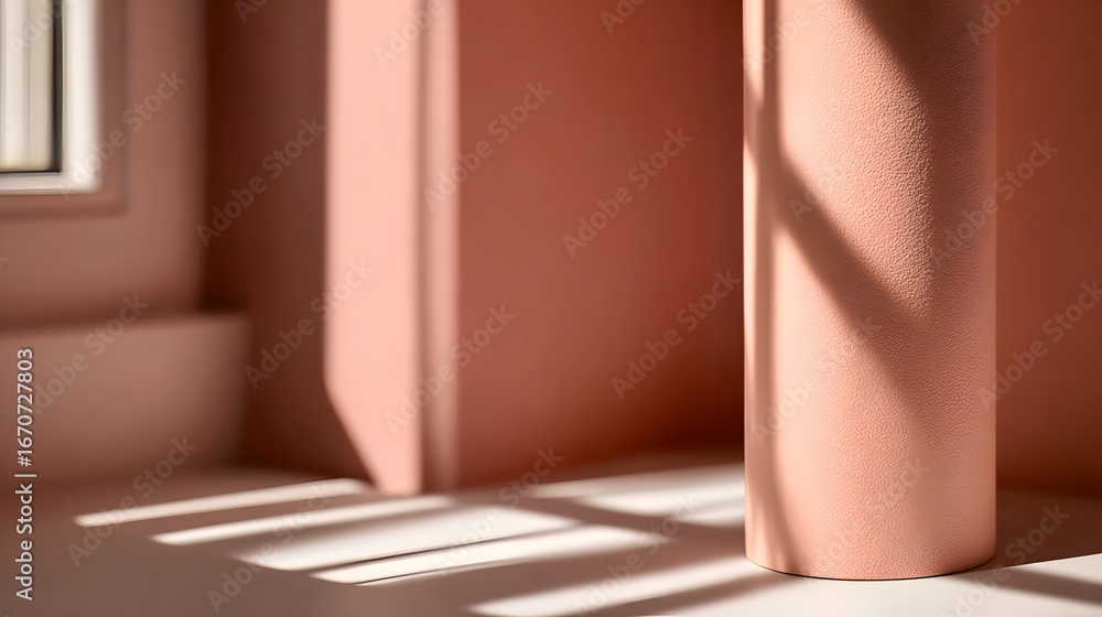 Poster sunlight casts delicate shadows on a soft peach-toned room with a cylindrical column, highlighting t