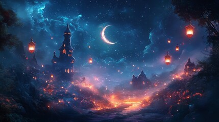 Fototapeta premium Enchanting ramadan night scene with glowing lanterns mystical landscape digital art serene environment aesthetic viewpoint