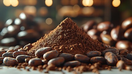 Close up photo of a pile of cocoa powder and cocoa beans against a blurred background