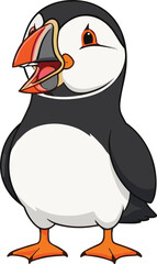 Cute cartoon puffin bird character illustration with colorful beak standing, adorable seabird mascot vector design for kids wildlife animal clipart