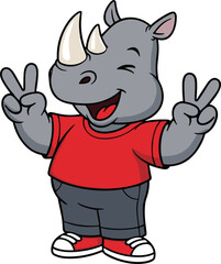 Cute cartoon rhino character wearing red t-shirt and jeans showing peace sign, funny smiling rhinoceros illustration for kids vector design