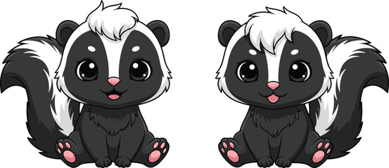Cute cartoon skunk vector illustration set, adorable baby skunks with big eyes, perfect for kids designs, stickers, t-shirts, and nursery art