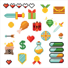Set of objects. Pixel art. Game elements. Environment for Retro 8 bit icons for old school platformer video game. Vector illustration isolated on white background.