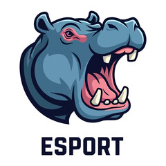 Esport Hippo Mascot Illustration: A vibrant and playful mascot design, featuring an expressive hippo with its mouth agape, exuding energy, and perfect for representing esports teams.