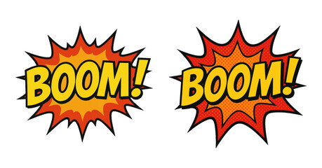 Comic book BOOM! text burst set including two identical graphic elements isolated. Pop art explosion sound effect.