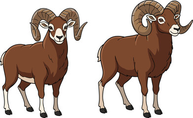 Strong cartoon ram illustration with big curved horns, standing wild sheep character for wildlife, farm animal, zodiac, and vector design.