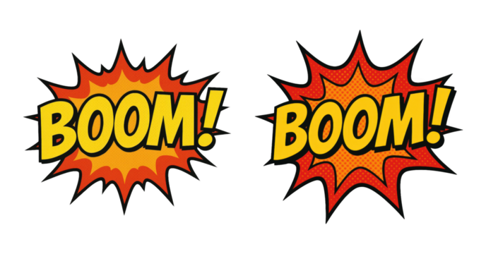 Comic book BOOM! text burst set including two identical graphic elements isolated. Pop art explosion sound effect.