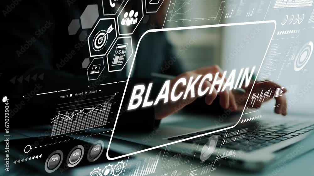 Aufkleber hand on laptop with blockchain graphics and data analytics in futuristic business environment. asymp