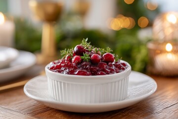 Delicious cranberry sauce served in a white dish garnished with fresh herbs, placed on a wooden table with soft candlelight and festive decorations in the background