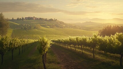 Naklejka premium Exploring serene vineyard rows countryside landscape photography tranquil environment wide-angle view peaceful nature retreat
