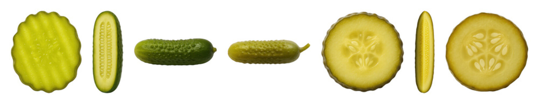 Pickle set including fresh, pickled, whole, halved, sliced, and crinkle-cut forms isolated. Food ingredient and condiment collection.