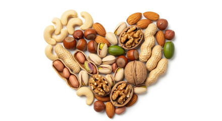 Assortment of mixed nuts arranged in a heart shape on a white background healthy eating concept for wellness