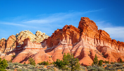 Fototapeta premium vibrant colorful sandstone formations under bright blue sky natural landscape rock desert terrain textured geology peak landform nature outdoors