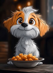Playful cartoon dog enjoying a delicious bowl of fried chicken image illustration