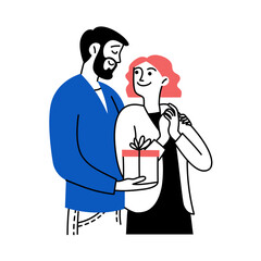 Doodle man giving a gift to a woman. Happy characters holding a gift. Holiday. Vector linear color illustration
