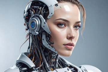 Futuristic female cyborg portrait with digital elements.