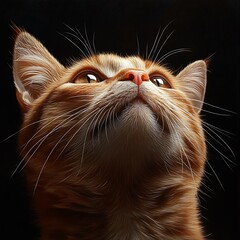 Portrait photo of an orange tabby cat looking up with intrigued expression and black background