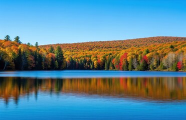 Obraz premium Beautiful autumn lake view with blue water and colorful trees, representing nature???s peace and the calm of seasonal transformation