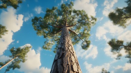 Fototapeta premium Majestic Tall Pine Tree in Forest Canopy Low Angle View