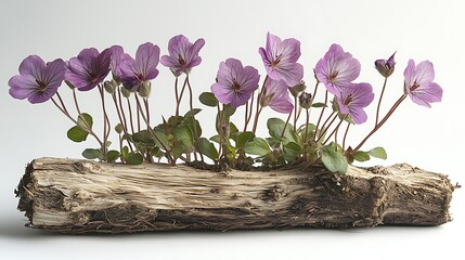 Purple geranium flowers growing from a natural log resting on a white background photo