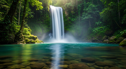Fototapeta premium Serene jungle waterfall cascades into vibrant turquoise pool, creating a tranquil natural paradise experience.