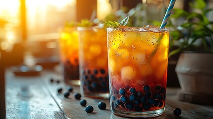 Refreshing bubble tea beverages in glass glasses with straws on wooden table image
