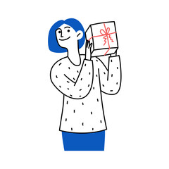Doodle woman with a gift. Happy character holding a present. Holiday. Vector linear color illustration