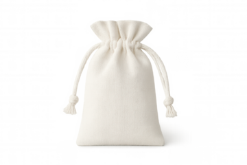 Small white cloth bag with a drawstring closure, isolated on a transparent background, ready for your designs